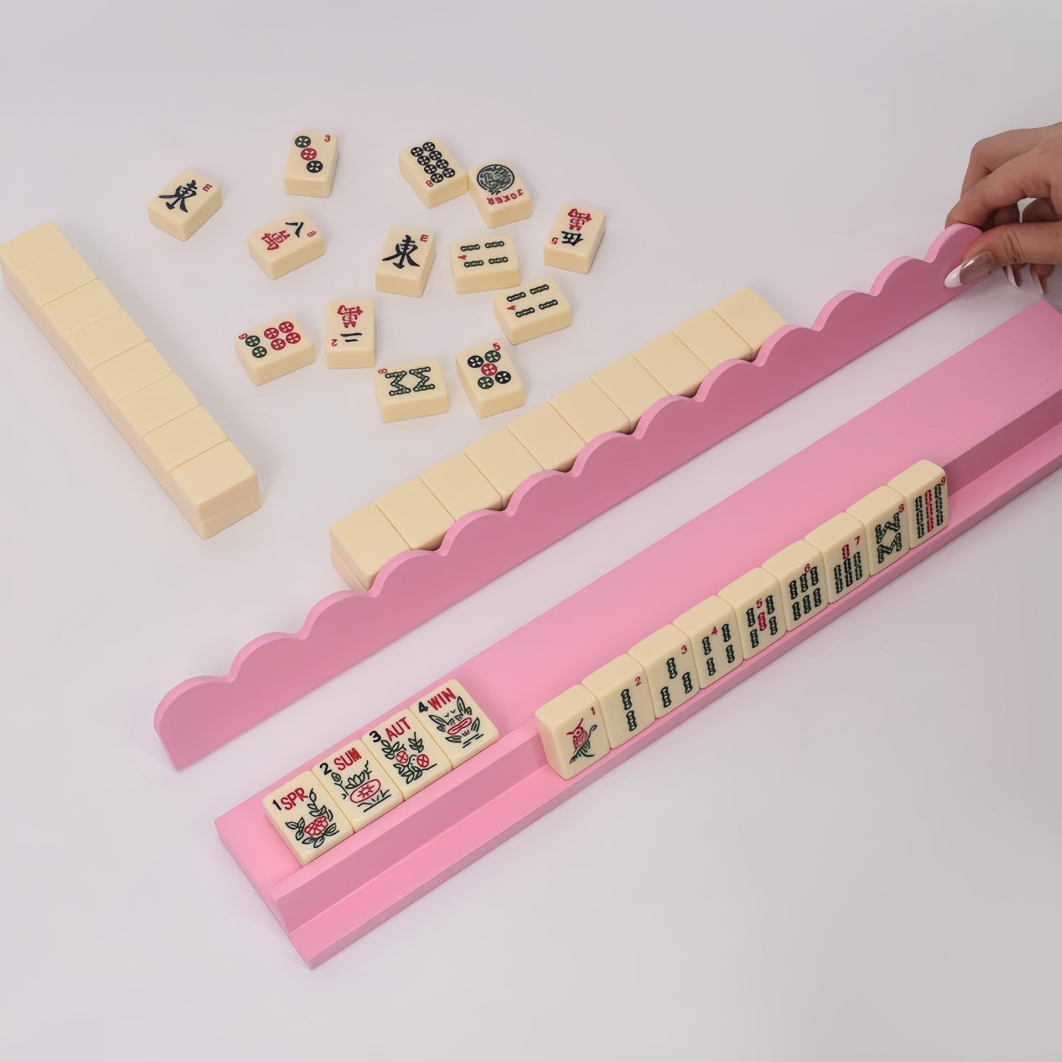 Wooden Mahjong Racks Set of 4 , 17.5 Inch, Natural Wood and Pink