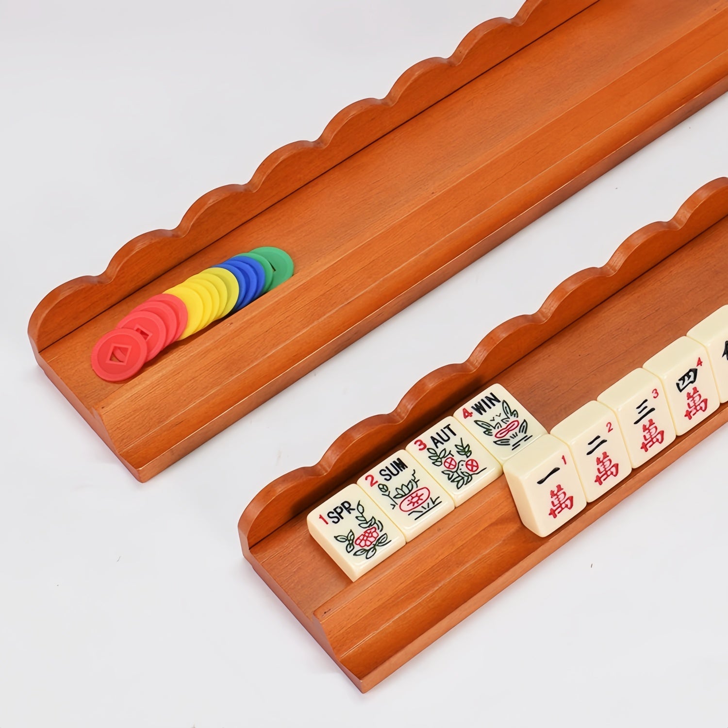 Wooden Mahjong Racks Set of 4 , 17.5 Inch, Natural Wood and Pink