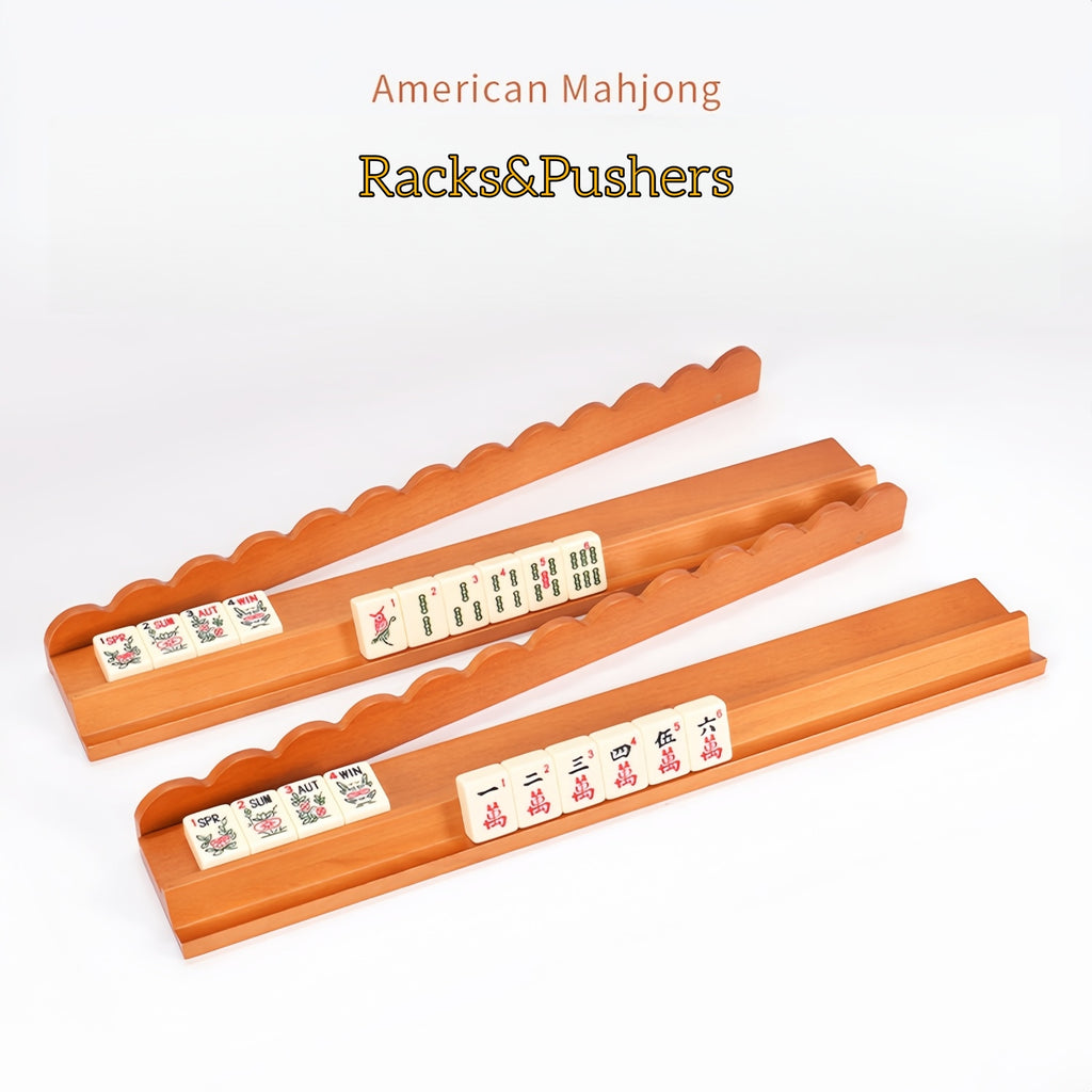 Wooden Mahjong Racks Set of 4 , 17.5 Inch, Natural Wood and Pink