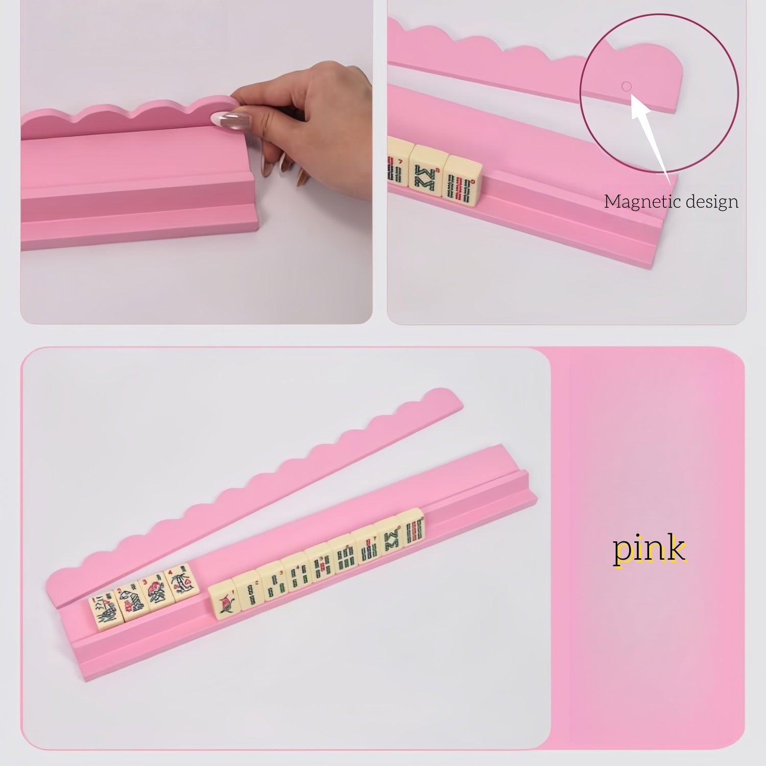 Wooden Mahjong Racks Set of 4 , 17.5 Inch, Natural Wood and Pink