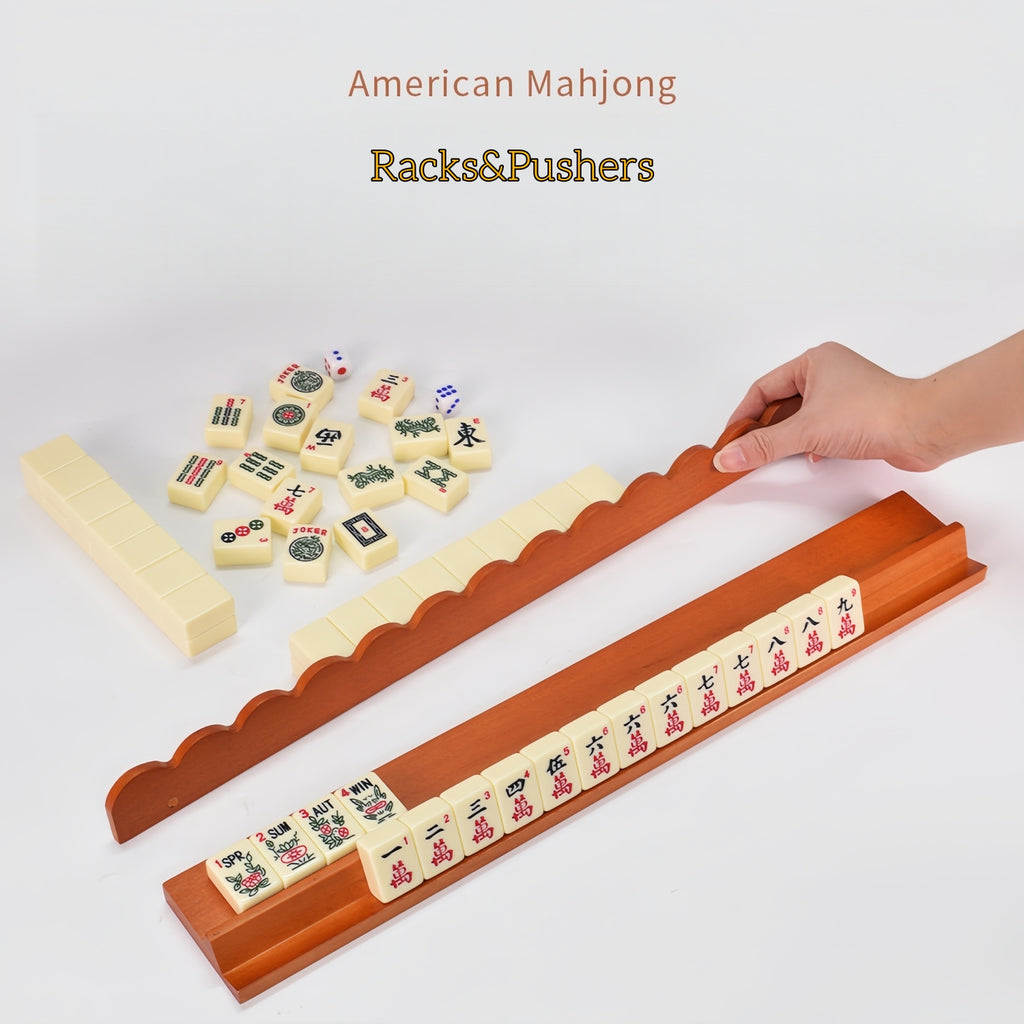 Wooden Mahjong Racks Set of 4 , 17.5 Inch, Natural Wood and Pink