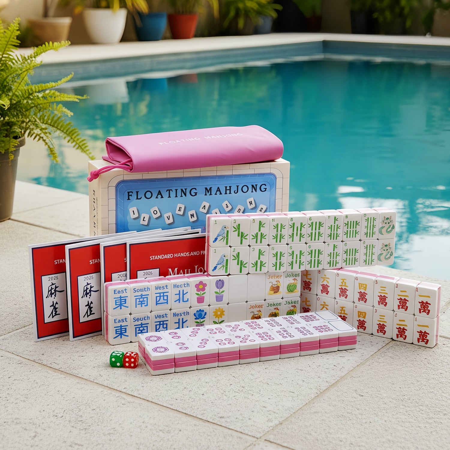 Pool Floating American Mahjong Set, Waterproof Portable Mahjong Game for Summer Vacation